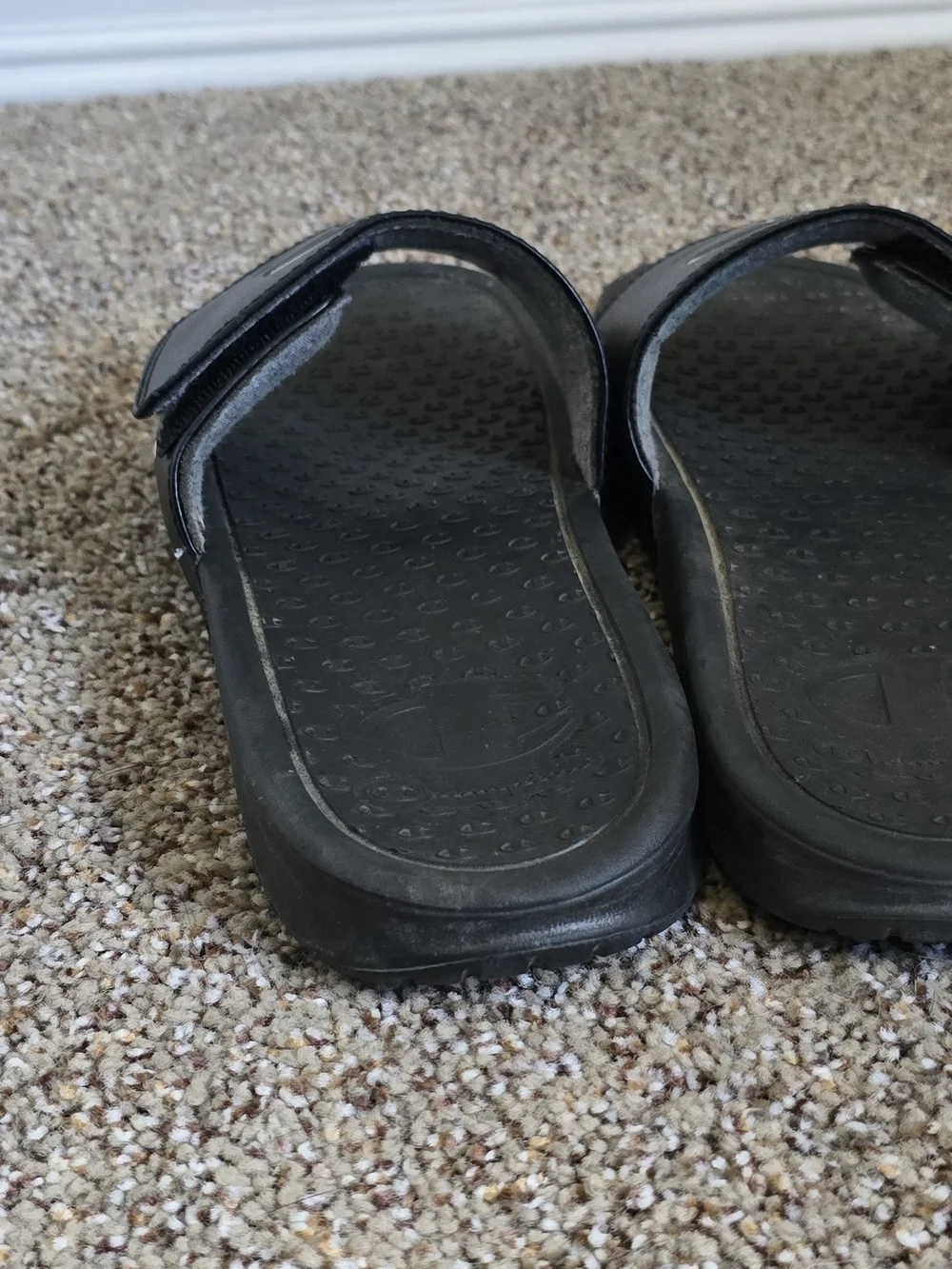 Champion Black Slide Sandals with Red Logo Accent